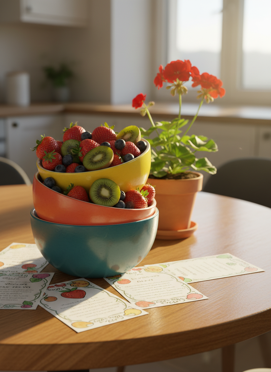 A vibrantly colored stack of rounded, ceramic bowls in turquoise, coral, and lemon, each overflowing with fresh, glossy fruits like strawberries, blueberries, and sliced kiwi. The arrangement sits atop a polished wooden dining table with rounded corners, surrounded by a scattering of whimsical, hand-drawn recipe cards and a sunny potted geranium. Soft, golden hour sunlight casts dynamic shadows and gently halos the fruit, enhancing the sense of freshness and abundance. Captured from a slightly elevated angle using the rule of thirds, the composition feels energetic, spirited, and nurturing, with a photographic, bright, and playful aesthetic aligned perfectly for a modern family wellness blog.